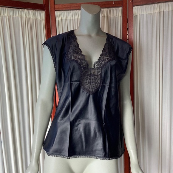 Vintage Black Camisole Lace Trim Satin Remarque Wide Straps Size Large - Picture 2 of 7